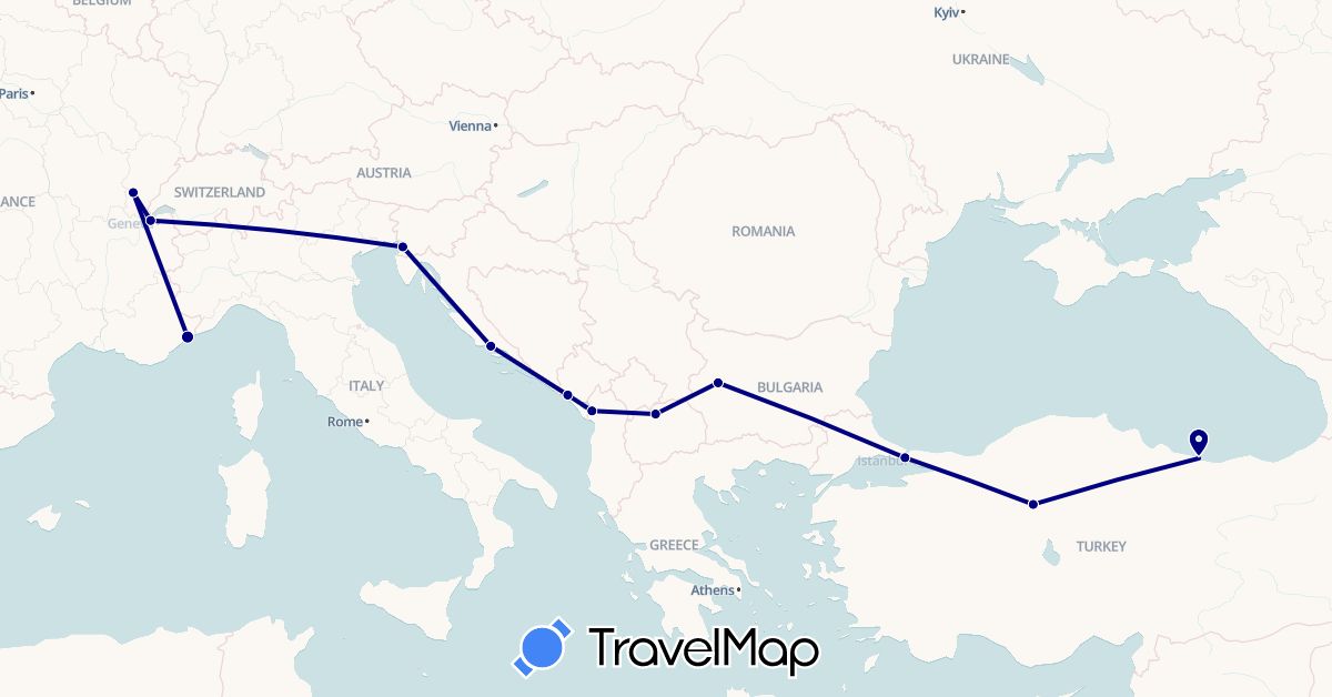 TravelMap itinerary: driving in Albania, Bulgaria, Switzerland, France, Croatia, Italy, Montenegro, Macedonia, Turkey (Asia, Europe)